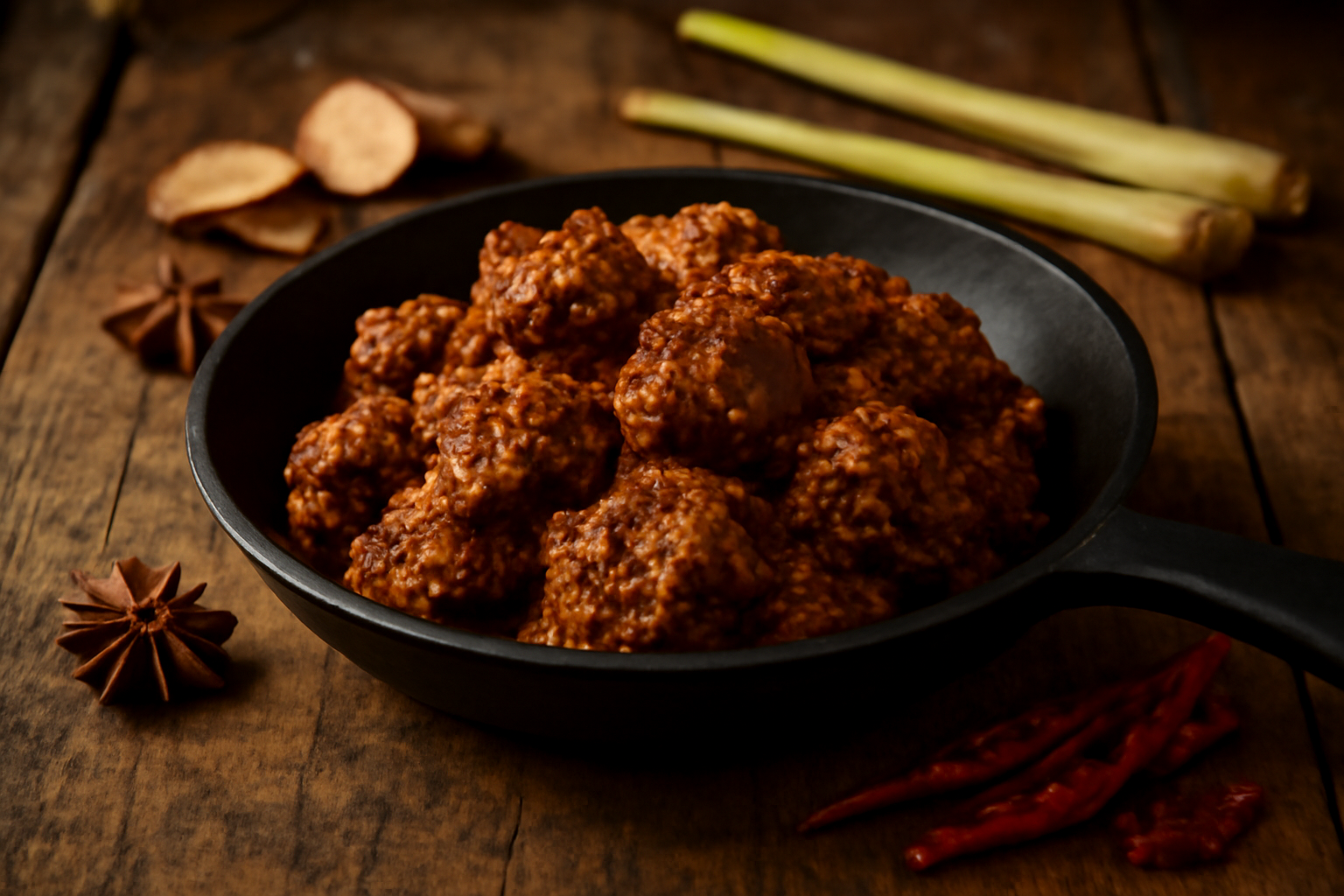 Rendang daging asap dalam wajan besi dengan bumbu kental dan rempah di sekitarnya